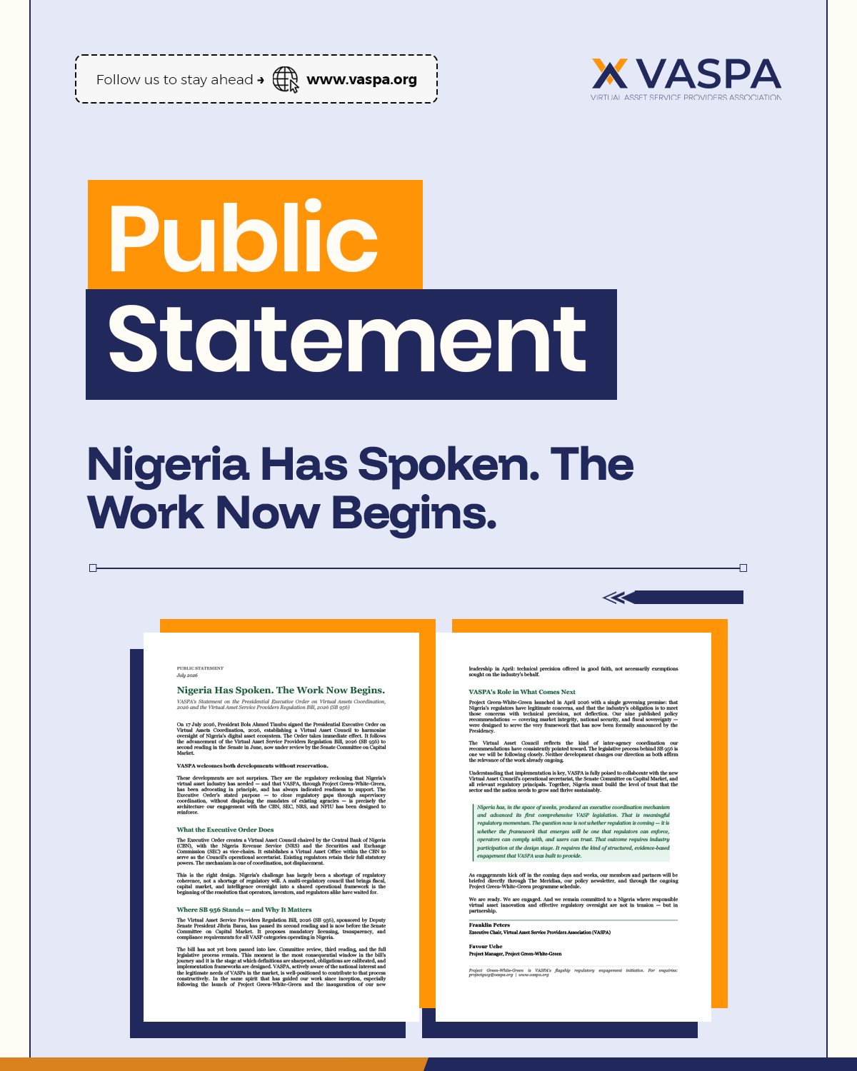 Nigeria Has Spoken. The Work Now Begins. Public Statement by VASPA on Nigeria's Executive Order on Virtual Assets Coordination 2026